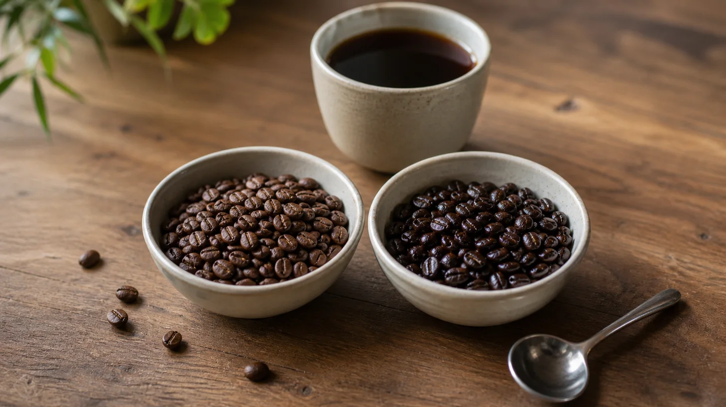 Two small bowls of different roasted coffee beans beside a brewed cup