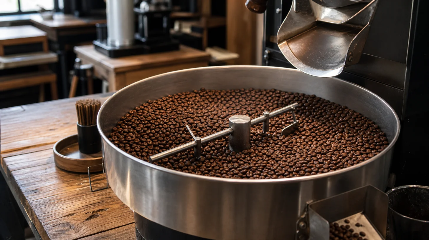 Freshly roasted coffee beans cooling after a roast
