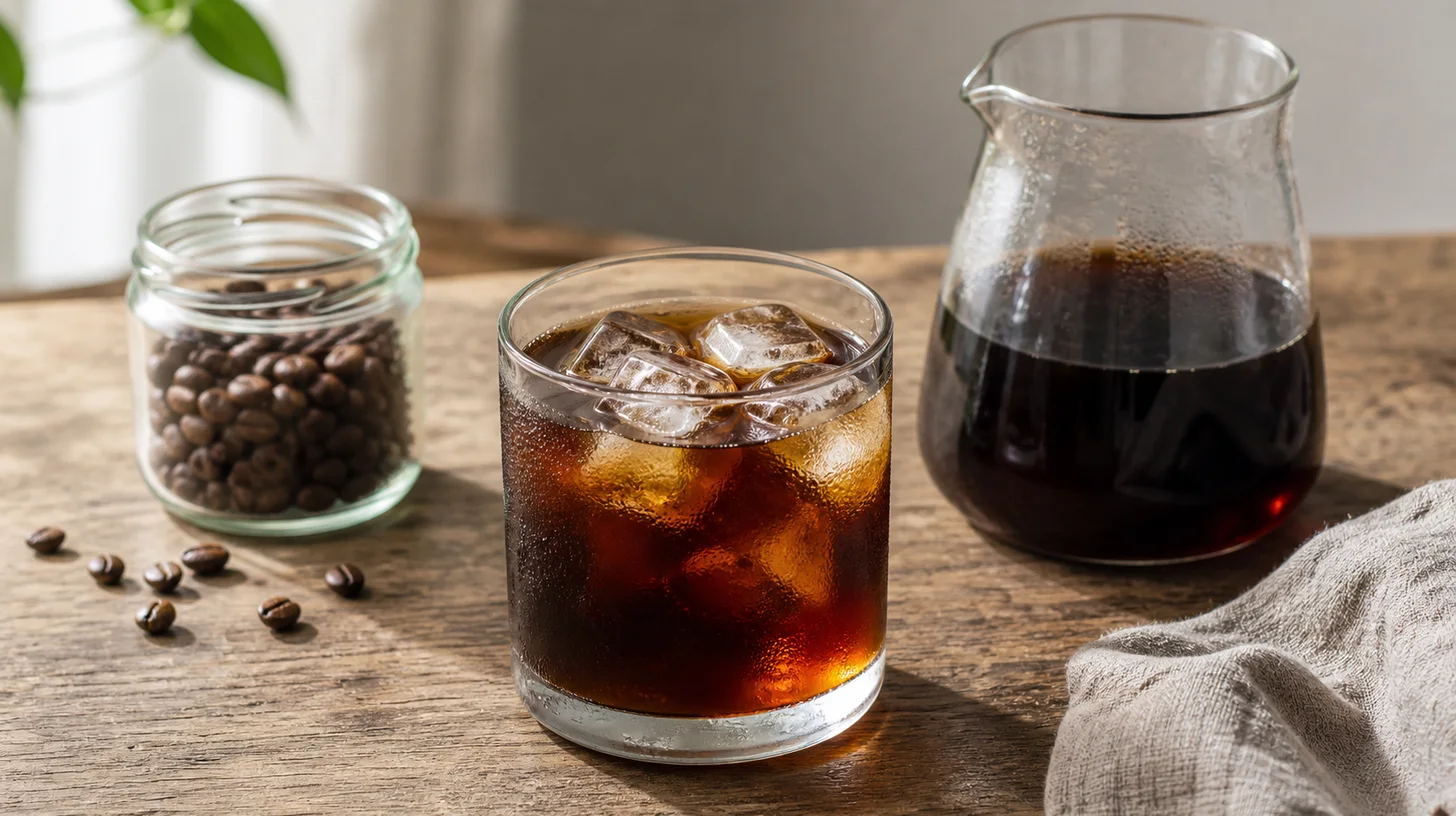 Cold brew coffee poured over ice in a clear glass