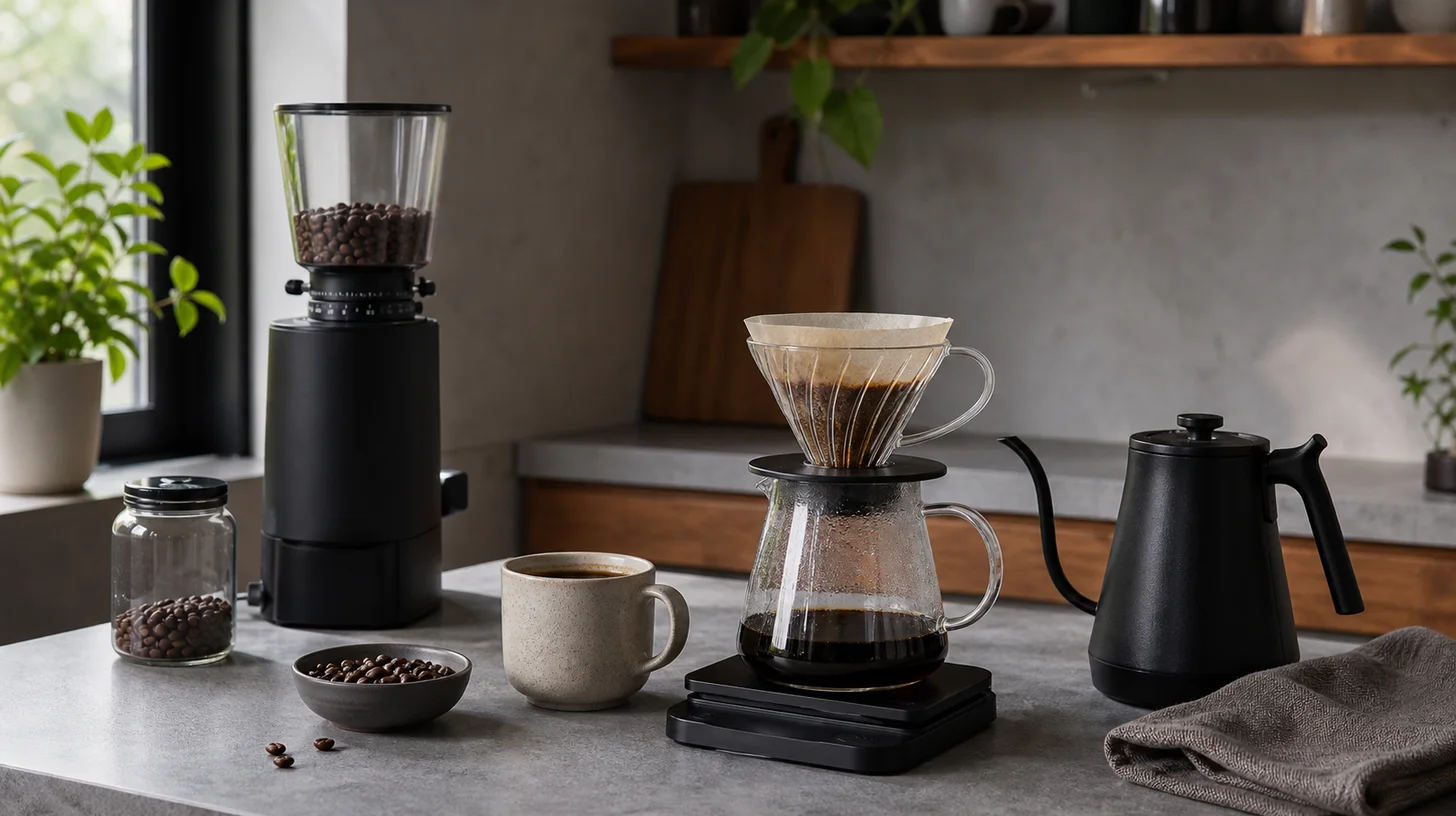 A home coffee brewing setup with grinder, scale, kettle, and coffee beans