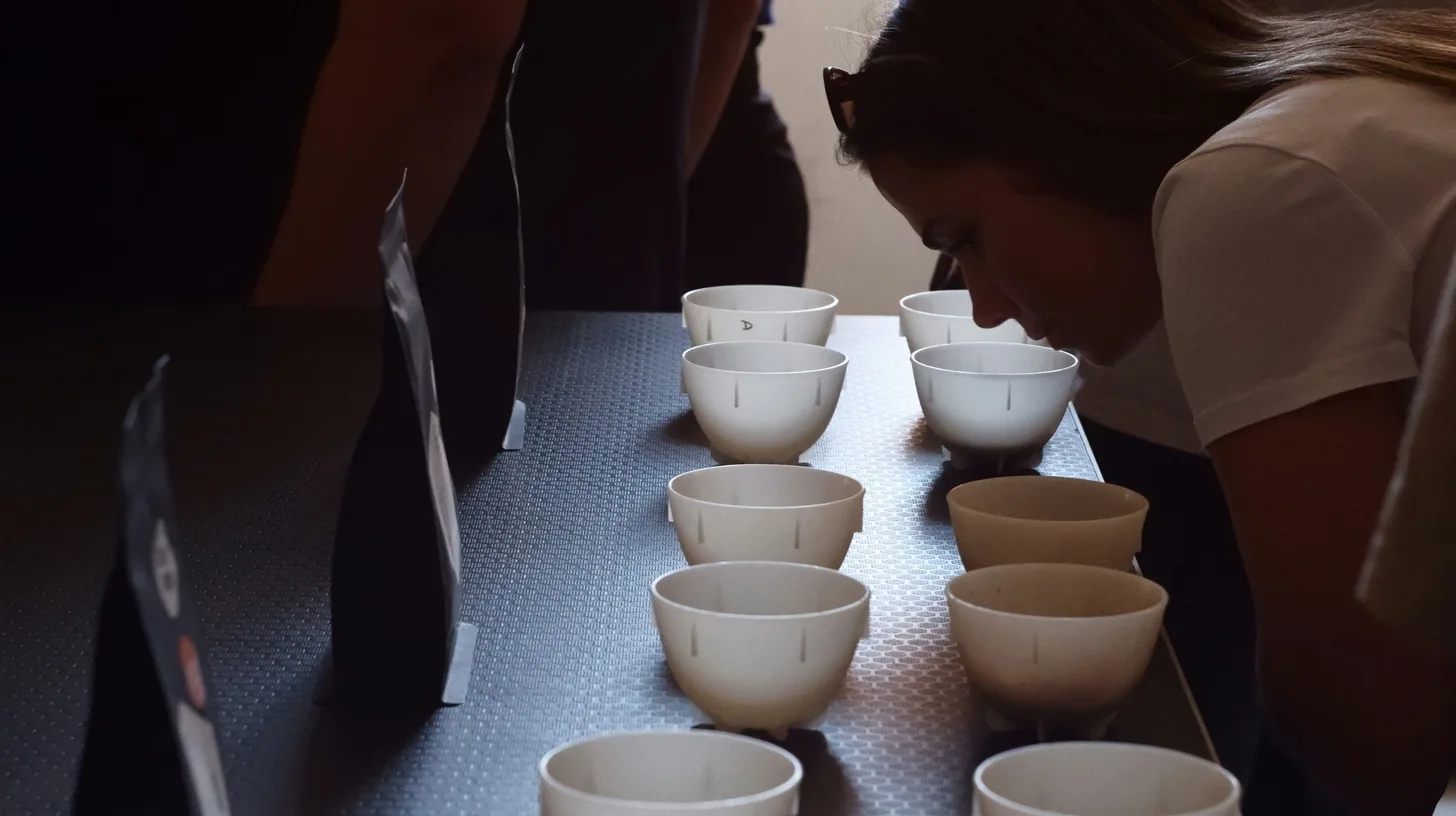 People evaluating coffee samples in small white cupping bowls