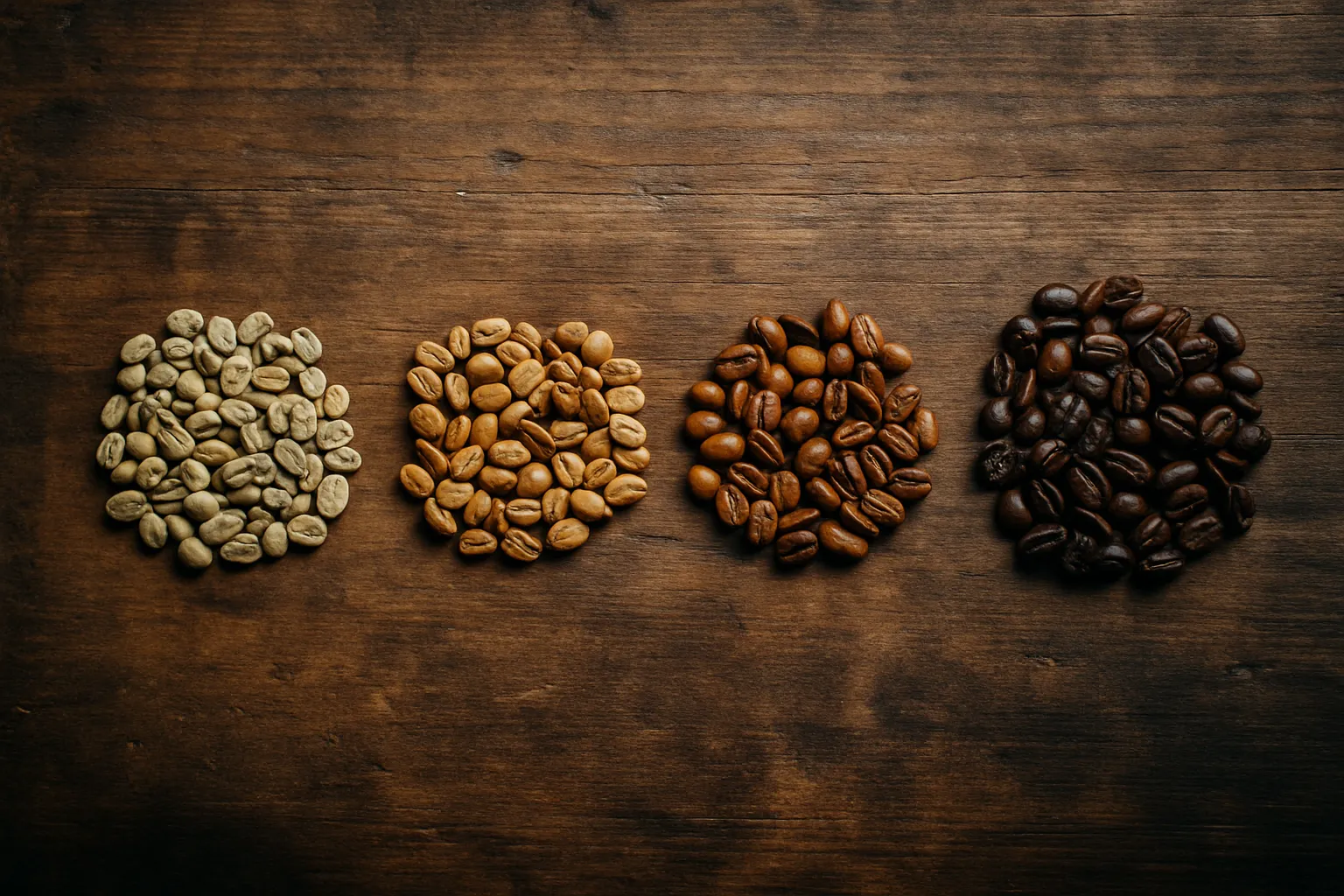 Four groups of coffee beans showing the progression from light roast to dark roast