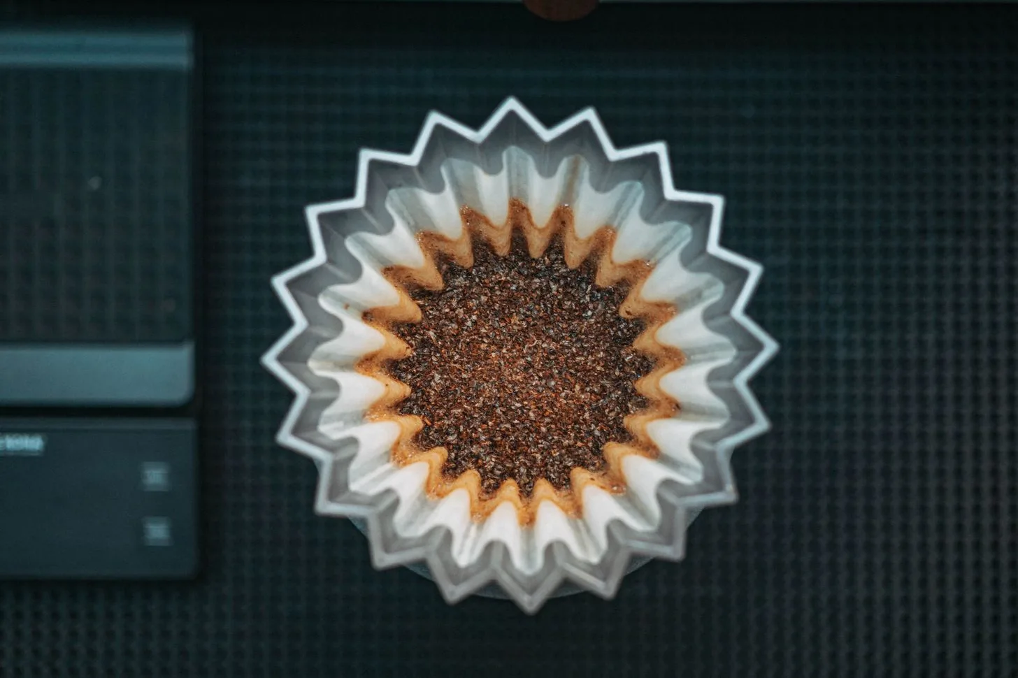 Coffee grounds inside a pleated paper filter viewed from above