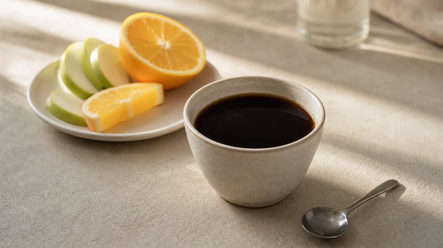 A cup of black coffee beside sliced citrus fruit