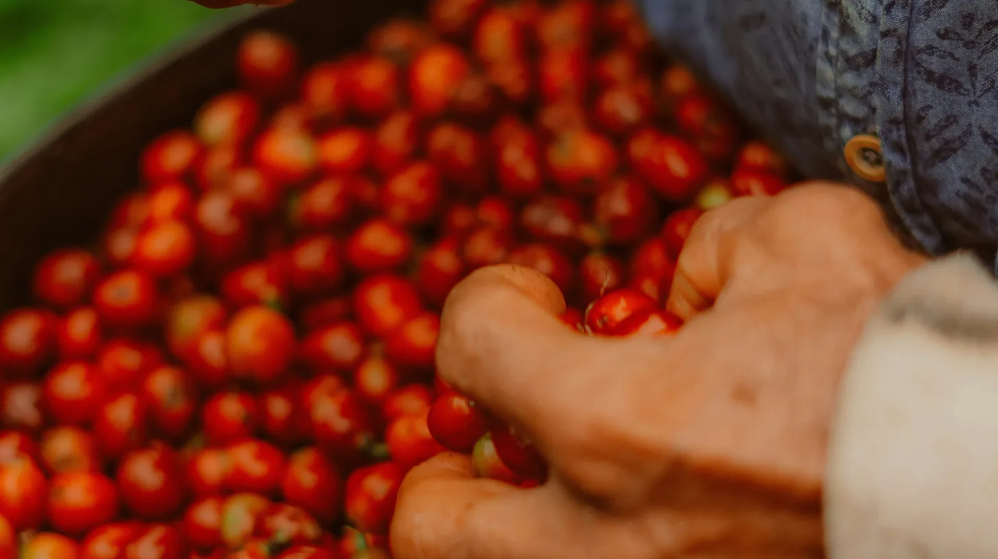 Hands harvesting ripe red coffee cherries from a coffee tree