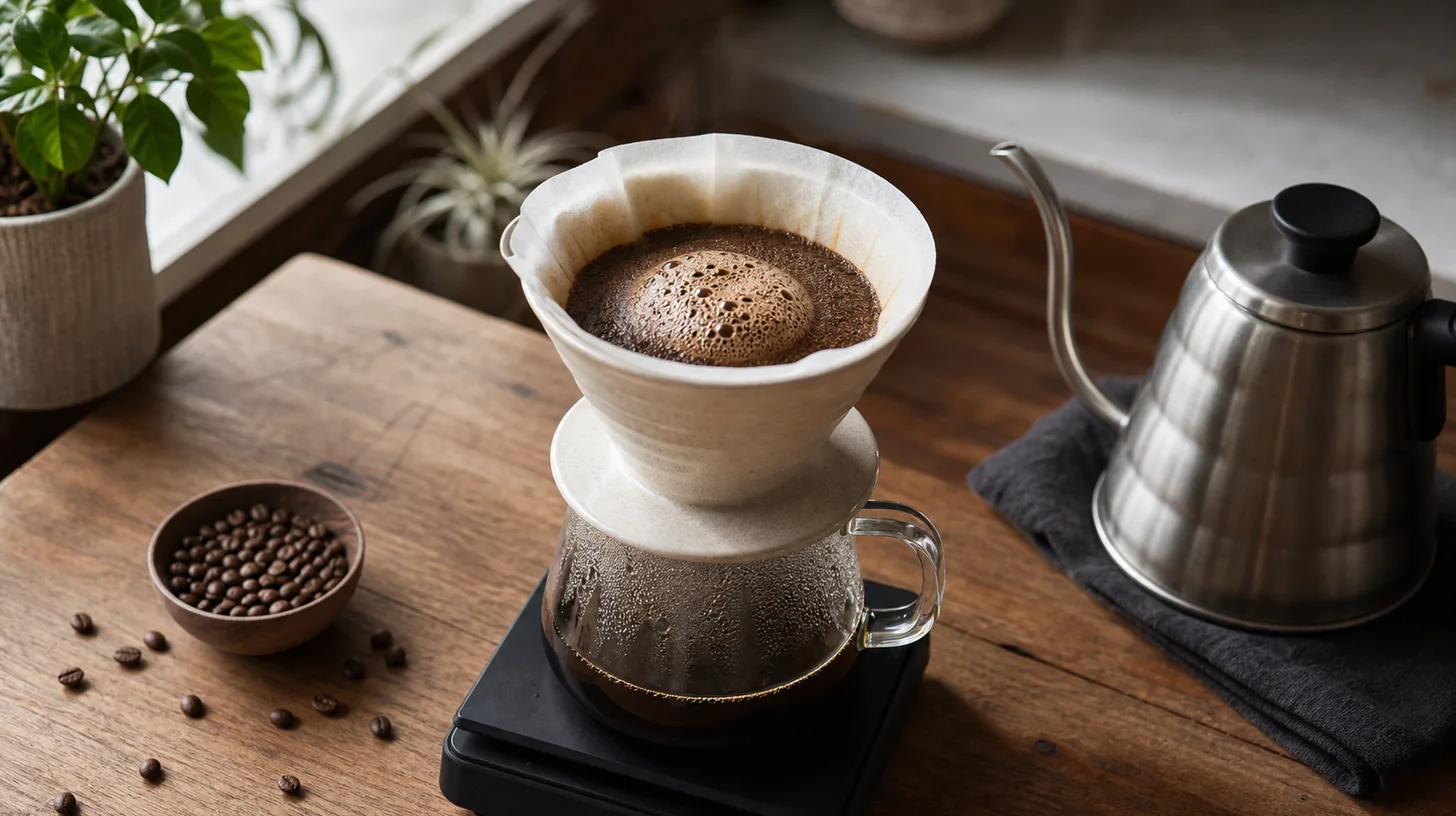 Fresh coffee grounds blooming in a pour-over brewer