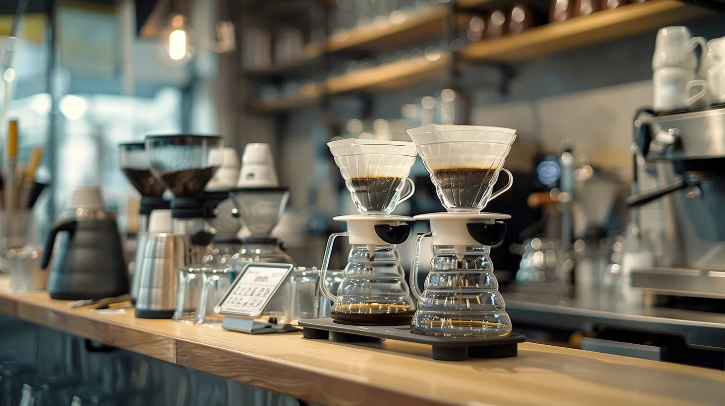 A home coffee brewing setup beside a cafe-style espresso and coffee station