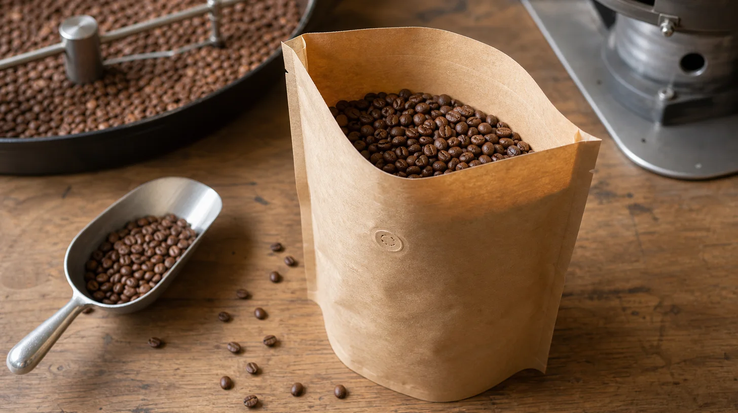 Freshly roasted coffee beans resting in an open kraft coffee bag