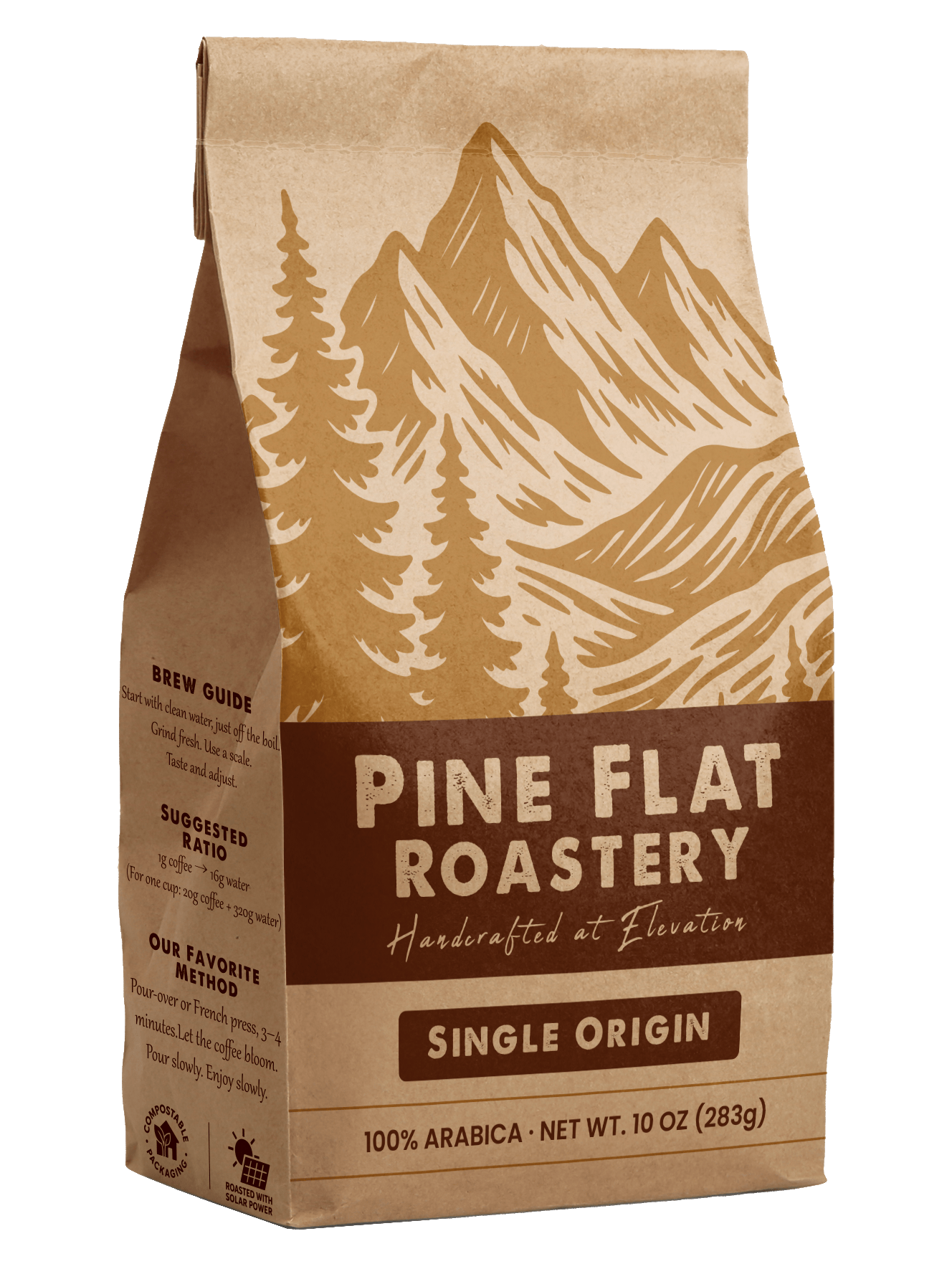 Pine Flat Roastery brown paper coffee bag labeled Columbian Medium Roast